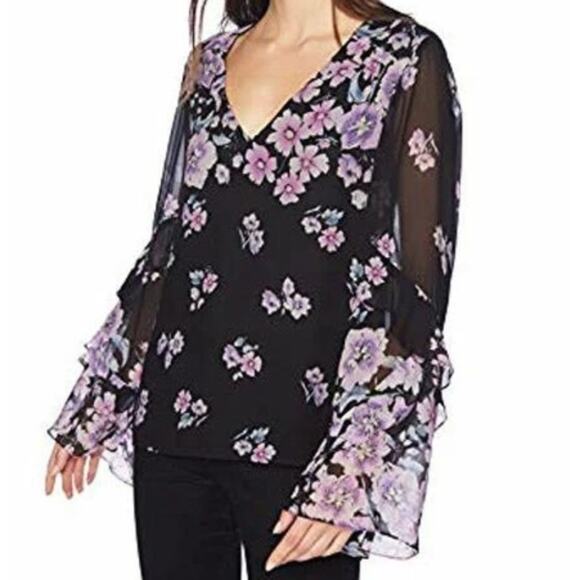 Nanette Lepore Zen Floral Silk Blouse Black Pink Sheer Large Fairy Feminine - Picture 1 of 15